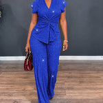 Women's Glitter Textured 2 Piece Outfits V Neck Twist Cap Sleeve Slit Top and High Waist Straight Leg Pants Set