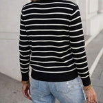 Women's Striped Knit Cardigan Casual Crewneck Button Down Sweater Vintage French Style Long Sleeve Top