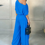 Skew Neck Batwing Sleeve High Waist Overalls Casual Short Sleeve Cinched Waist Wide Leg Jumpsuit