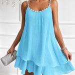 Women's Pearls Embellished Straps Mini Dress Backless Pleated Dress Casual Double Layer Lettuce Trim Cami Sun Dress