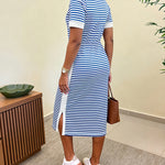 Women's Striped Colorblock Midi T-Shirt Dress Casual Crew Neck Waist-Cinching Slit Dress with Pockets