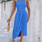 Halter Tie Criss Cross Front Ruched Knit Jacquard Textured Slit Dress Casual Hollow-out Draped Vacation Dress