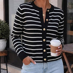 Women's Striped Knit Cardigan Casual Crewneck Button Down Sweater Vintage French Style Long Sleeve Top