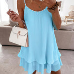 Women's Pearls Embellished Straps Mini Dress Backless Pleated Dress Casual Double Layer Lettuce Trim Cami Sun Dress
