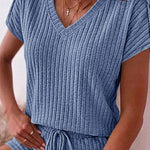 Women's Ribbed Knit 2 Piece Outfits V Neck Short Sleeve Top and Drawstring Shorts Set Casual Lounge Suits with Pockets