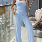 Women's 2 Piece Lace Trim Stripe Lounge Set Sleeveless Tank Top and Wide Leg Pants Set Rib Knit Pajamas Set with Pockets