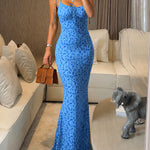 Ditsy Floral Print U-Neck Self Tie Spaghetti Straps Mermaid Hem Maxi Dress Slim Fit Ruched Tied Detail Vacation Dress