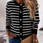 Women's Striped Knit Cardigan Casual Crewneck Button Down Sweater Vintage French Style Long Sleeve Top