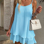 Women's Pearls Embellished Straps Mini Dress Backless Pleated Dress Casual Double Layer Lettuce Trim Cami Sun Dress