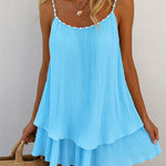 Women's Pearls Embellished Straps Mini Dress Backless Pleated Dress Casual Double Layer Lettuce Trim Cami Sun Dress