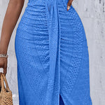 Halter Tie Criss Cross Front Ruched Knit Jacquard Textured Slit Dress Casual Hollow-out Draped Vacation Dress