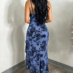 Women's Vintage Flocking Floral Maxi Dress Sexy Cowl Neck Cami Dress High Slit Backless Bodycon Evening Gown