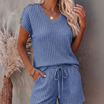 Women's Ribbed Knit 2 Piece Outfits V Neck Short Sleeve Top and Drawstring Shorts Set Casual Lounge Suits with Pockets