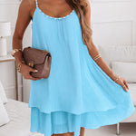 Women's Pearls Embellished Straps Mini Dress Backless Pleated Dress Casual Double Layer Lettuce Trim Cami Sun Dress
