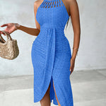 Halter Tie Criss Cross Front Ruched Knit Jacquard Textured Slit Dress Casual Hollow-out Draped Vacation Dress