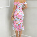CHICME Women's Watercolor Rose Print Mesh Asymmetrical Hem Dress Pearls Decor Straps Cowl Neck Ruched Side Slit Bodycon Dress