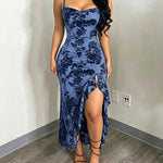 Women's Vintage Flocking Floral Maxi Dress Sexy Cowl Neck Cami Dress High Slit Backless Bodycon Evening Gown