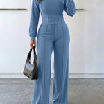 2 Pieces Outfit O-neck Long Sleeve Cinched Waist Sweatshirt and Elastic Waist Wide Leg Pants Set Casual Seam Design Sweatpants Set