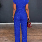 Women's Glitter Textured 2 Piece Outfits V Neck Twist Cap Sleeve Slit Top and High Waist Straight Leg Pants Set