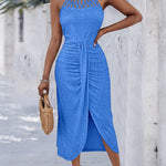Halter Tie Criss Cross Front Ruched Knit Jacquard Textured Slit Dress Casual Hollow-out Draped Vacation Dress