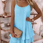Women's Pearls Embellished Straps Mini Dress Backless Pleated Dress Casual Double Layer Lettuce Trim Cami Sun Dress