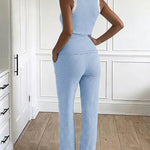 Women's 2 Piece Lace Trim Stripe Lounge Set Sleeveless Tank Top and Wide Leg Pants Set Rib Knit Pajamas Set with Pockets