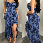 Women's Vintage Flocking Floral Maxi Dress Sexy Cowl Neck Cami Dress High Slit Backless Bodycon Evening Gown