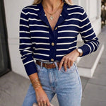 Women's Striped Knit Cardigan Casual Crewneck Button Down Sweater Vintage French Style Long Sleeve Top