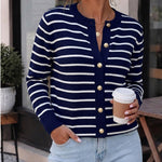 Women's Striped Knit Cardigan Casual Crewneck Button Down Sweater Vintage French Style Long Sleeve Top