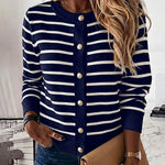 Women's Striped Knit Cardigan Casual Crewneck Button Down Sweater Vintage French Style Long Sleeve Top