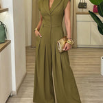 Women's Lapel V Neck Jumpsuit Cap Sleeve High Waisted Wide Leg Overalls Elegant Suit Jumpsuit