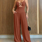 Women's Gold Ring Hollow Out Wide Leg Jumpsuit Backless Adjustable Strap Romper Elegant Party Jumpsuit