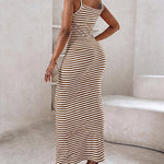 Women's Striped Ribbed Knit Maxi Dress Slim Fit Sleeveless Cami Dress Beach Vacation Sundress