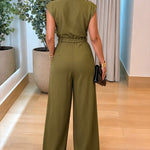 Women's Lapel V Neck Jumpsuit Cap Sleeve High Waisted Wide Leg Overalls Elegant Suit Jumpsuit