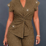 Women's Glitter Textured 2 Piece Outfits V Neck Twist Cap Sleeve Slit Top and High Waist Straight Leg Pants Set