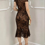 Women's Flock Floral Mesh Dress Off Shoulder Ruffle Hem Bodycon Dress Slit Evening Party Mermaid Gown
