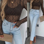 Women's Jacquard Textured Sheer Lace Long Sleeve Top Crewneck Slim Fit Tee with Thumb Holes