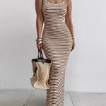 Women's Striped Ribbed Knit Maxi Dress Slim Fit Sleeveless Cami Dress Beach Vacation Sundress