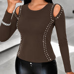 Women's Long Sleeve Top Sparkly Rhinestone Cutout Tee Slim Fit Round Neck T-Shirt