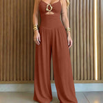 Women's Gold Ring Hollow Out Wide Leg Jumpsuit Backless Adjustable Strap Romper Elegant Party Jumpsuit