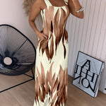 Plants Print Square Neck Thick Strap Maxi Dress Casual Slim Fit Side Slit Vacation Dress with Pockets
