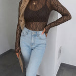 Women's Jacquard Textured Sheer Lace Long Sleeve Top Crewneck Slim Fit Tee with Thumb Holes