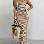 Women's Striped Ribbed Knit Maxi Dress Slim Fit Sleeveless Cami Dress Beach Vacation Sundress