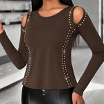 Women's Long Sleeve Top Sparkly Rhinestone Cutout Tee Slim Fit Round Neck T-Shirt