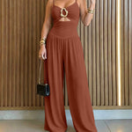 Women's Gold Ring Hollow Out Wide Leg Jumpsuit Backless Adjustable Strap Romper Elegant Party Jumpsuit