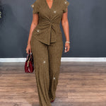 Women's Glitter Textured 2 Piece Outfits V Neck Twist Cap Sleeve Slit Top and High Waist Straight Leg Pants Set