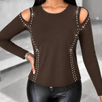 Women's Long Sleeve Top Sparkly Rhinestone Cutout Tee Slim Fit Round Neck T-Shirt