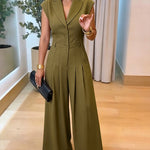 Women's Lapel V Neck Jumpsuit Cap Sleeve High Waisted Wide Leg Overalls Elegant Suit Jumpsuit