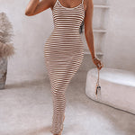 Women's Striped Ribbed Knit Maxi Dress Slim Fit Sleeveless Cami Dress Beach Vacation Sundress