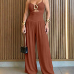 Women's Gold Ring Hollow Out Wide Leg Jumpsuit Backless Adjustable Strap Romper Elegant Party Jumpsuit